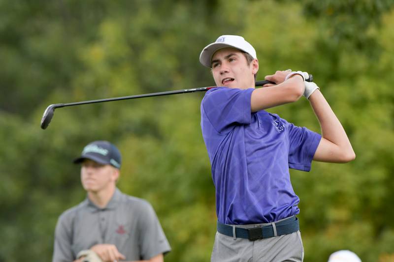 Dixon’s Mason Weigle watches his drive from the 1st tee during the 2A Boys Golf Sectional at Kishwaukee Golf Club in DeKalb on Monday, Oct. 4, 2021.