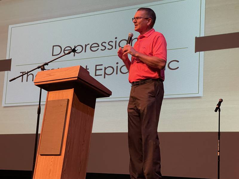 Mark Potter, a mental health and suicide prevention advocate, spoke to St. Charles High School athletes on Wednesday. Picture from Jacob Bartelson.