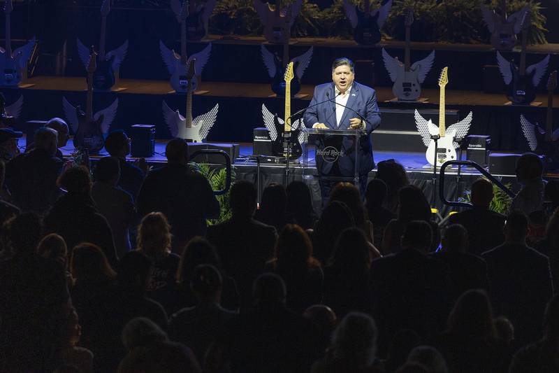 Illinois Gov. JB Pritzker takes the podium Thursday, Aug. 29, 2024, for the official opening of the Hard Rock Casino Rockford.