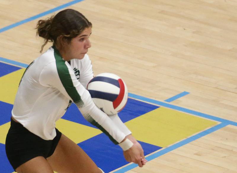 St. Bede libero Lily Bosnich returns a serve from Marquette on Thursday, Sept. 4, 2025 at Bader Gym.