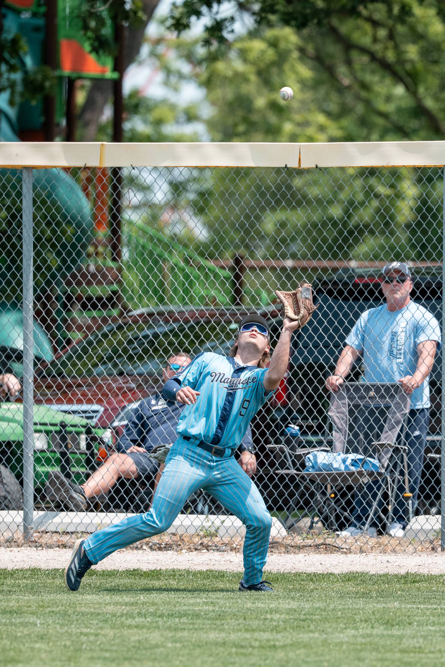 Marquette’s Jaxsen Higgins (9) catches a fly ball out to right field at Trout Park in Elgin, IL on Saturday May 31st, 2025.  Both teams competed to take home the 1A Sectional Championship Trophy.  Final Score: Marquette 5, Aurora Christian 1