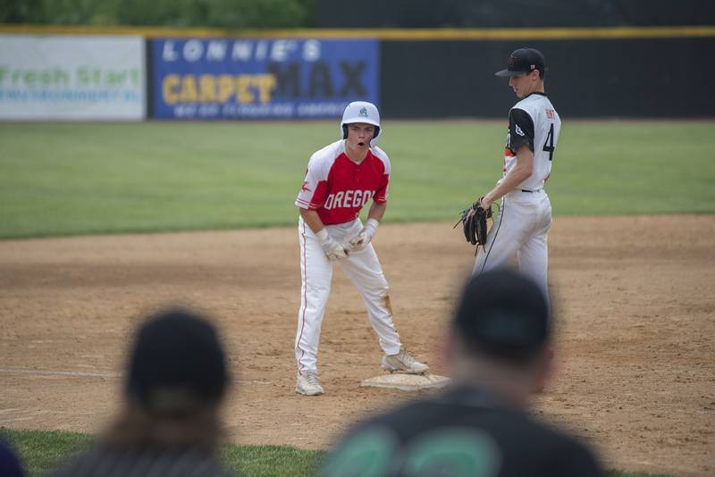 Oregon’s Jack Washburn celebrates a run scoring triple Monday June 13, 2022 during the NIC-10 vs Big Northern Conference underclassmen all-star game.