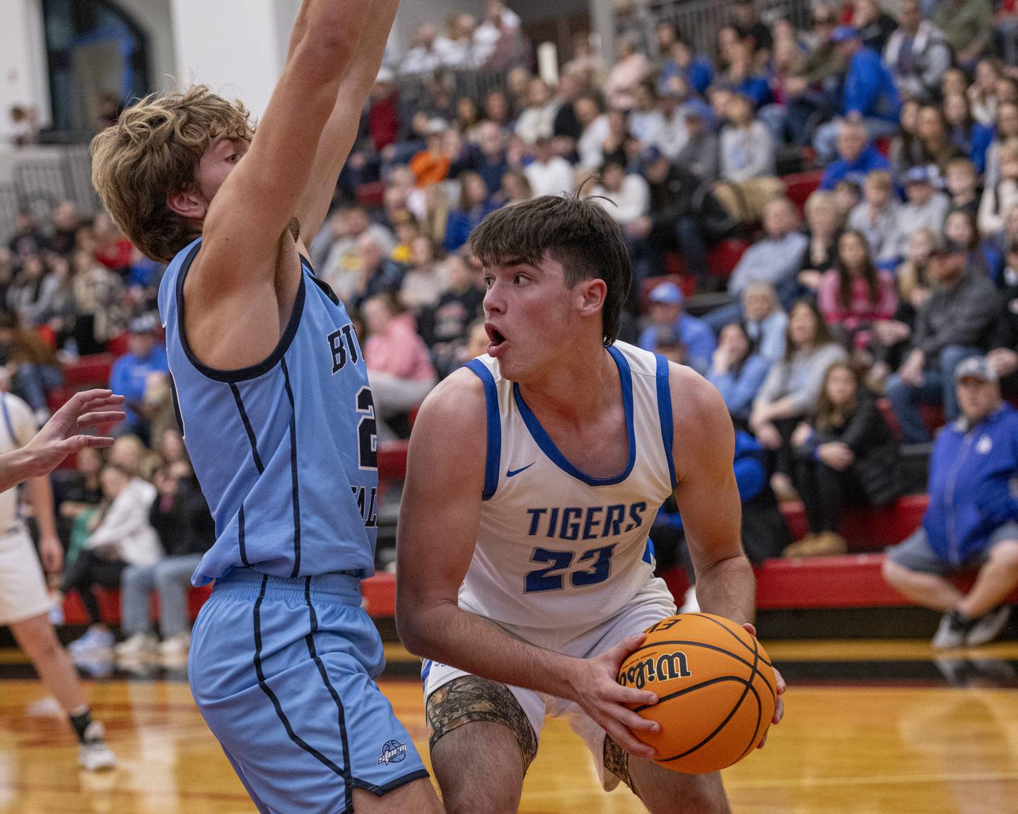 Princeton's Noah Laporte looks to teammates for a pass during the Colmone Classic on December 7, 2024 at Hall High School.