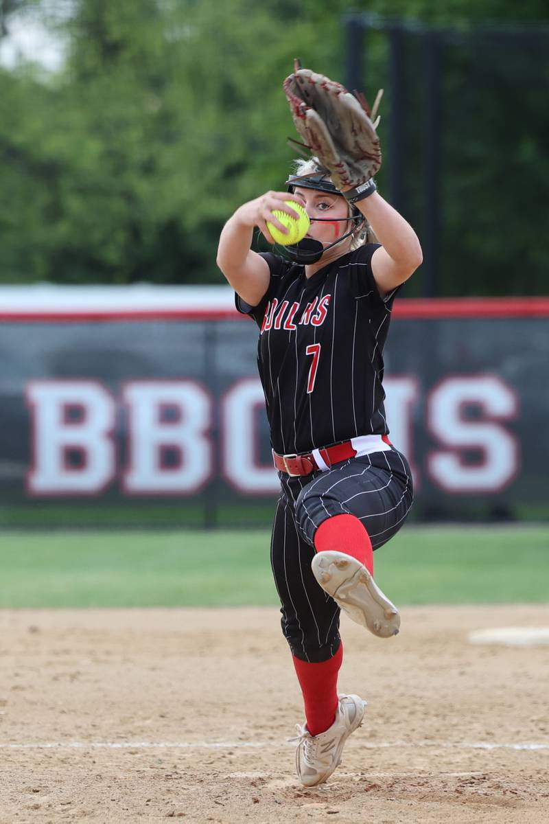 Bradley-Bourbonnais’ Lydia Hammond focuses as she winds up to pitch during the Boilermakers' 8-0 victory over Normal Community in the IHSA Class 4A Bradley-Bourbonnais Regional semifinal on Tuesday, May, 27, 2025.