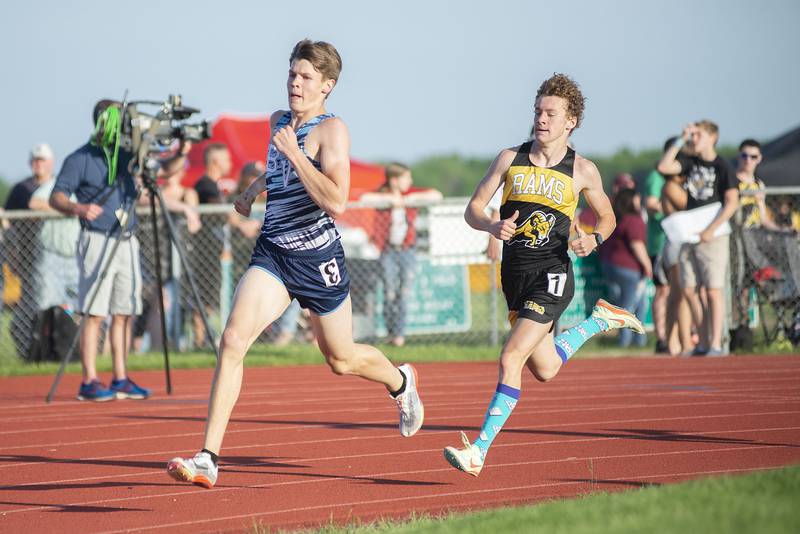 Bureau Valley's Elijah House (left) and Riverdale's Landis Musser run the 800 at the class 1A Erie track sectionals on Thursday, May 19, 2022.