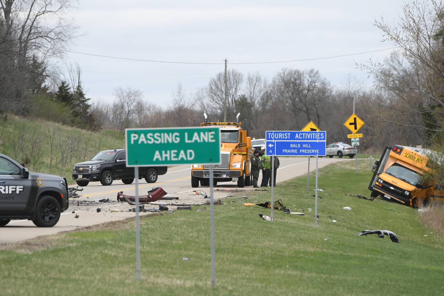 Illinois Route 2 was closed Monday afternoon following a 3-vehicle collision that occurred south of Camling Road, just past the rest area between Oregon and Byron. Seven people were injured in the accident and one fatality was being reported. One of the vehicles was a smaller Illinois Central school bus. No students were onboard. The road remained closed from Town Hall Road to Camling Road as police worked to reconstruct the accident.