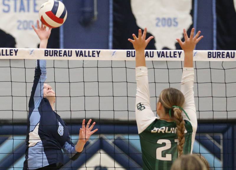 Bureau Valley's Taylor Neuhalfen hits the ball to the St. Bede side of the net on Tuesday, Sept. 5, 2023 at Bureau Valley High School.