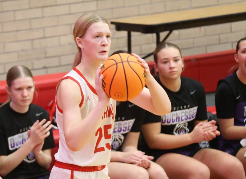 Ottawa's Libby Muffler shoots a jump shot against Dixon on Wednesday, Dec. 3, 2025 in Kingman Gymnasium at Ottawa High School.