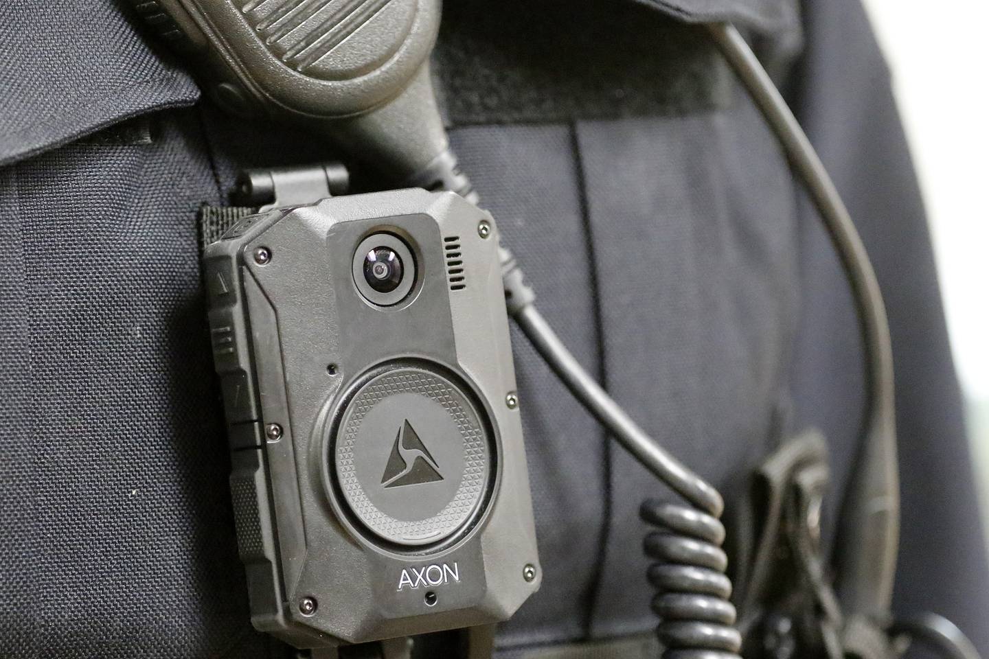 A police officer is seen with a body camera on Tuesday, Dec. 14, 2021.