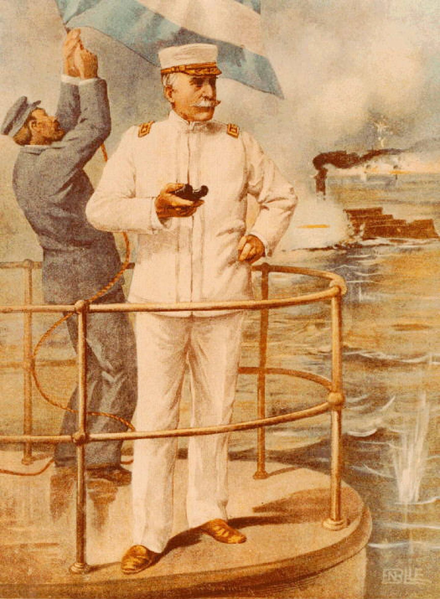 This painting "Admiral Dewey at the Battle of Manila" depicts Commodore George Dewey on the bridge of his flagship, USS Olympia, during the Battle of Manila Bay, on May 1, 1898.