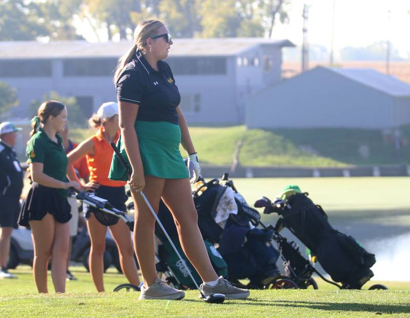 Seneca's Camryn Stecken waits to tee off during the Class 1A Regionals on Tuesday, Sept. 30, 2025 at Spring Creek Golf Course in Spring Valley.