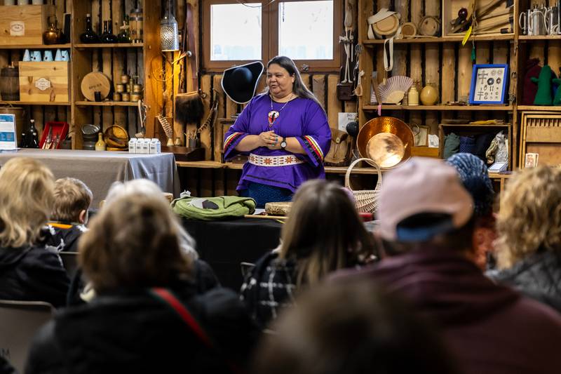 Award-winning Ojibwa author Kim Sigafus explores the impact of the Declaration of Independence on Native people during the We, the Native People presentation at the Isle a la Cache Museum in Romeoville on March 14, 2026.