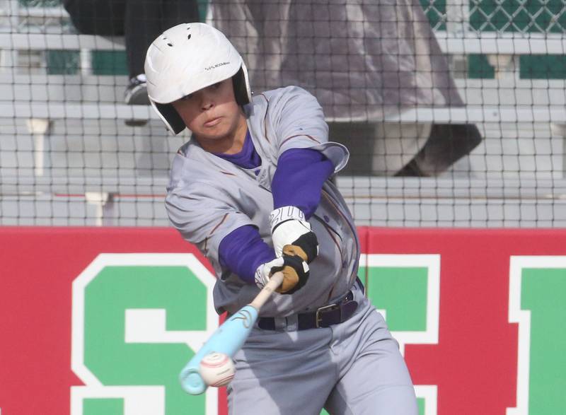Mendota's Esten Otero makes contact with the ball against L-P on Thursday, April 3, 2025 at Huby Sarver Field inside the L-P Athletic Complex in La Salle.