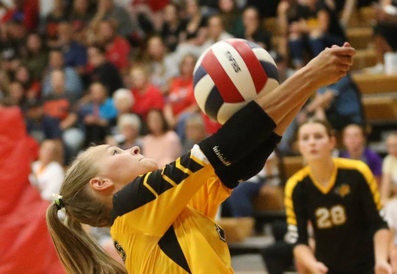Putnam County libero Sarah Wiesbrock returns a serve from Henry-Senachwine on Thursday, Aug. 28, 2025 at Henry-Senachwine High School.