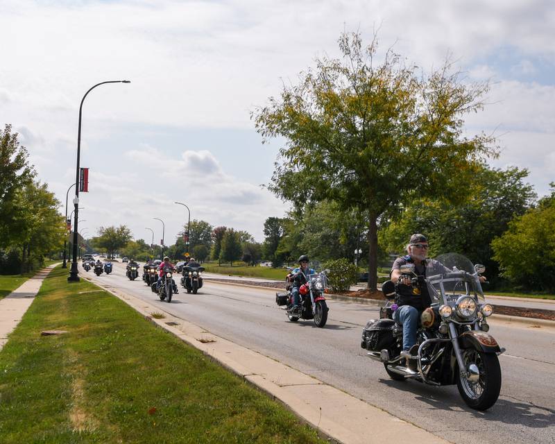 Motorcyclist travel north on Annie Glidden Road before ending their ride at the Elks Lodge on Sunday Sept. 21, 2025, where participants rode their motorcycles for a toy ride that start at the sports and recreation center in DeKalb.