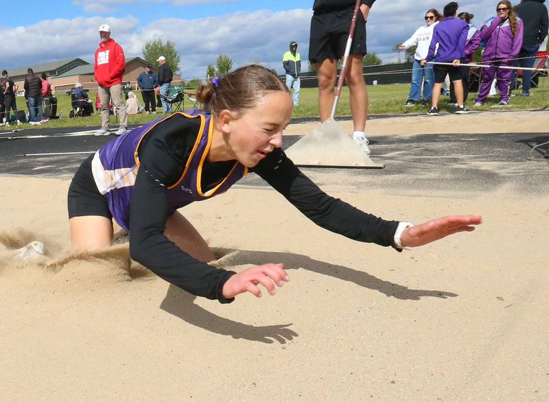 Mendota's Reagan Atherton competes in the long jump during the Class 2A Sectional track meet on Wednesday, May 13, 2026 in the Jeff Prusator Athletic Complex at Mendota High School.