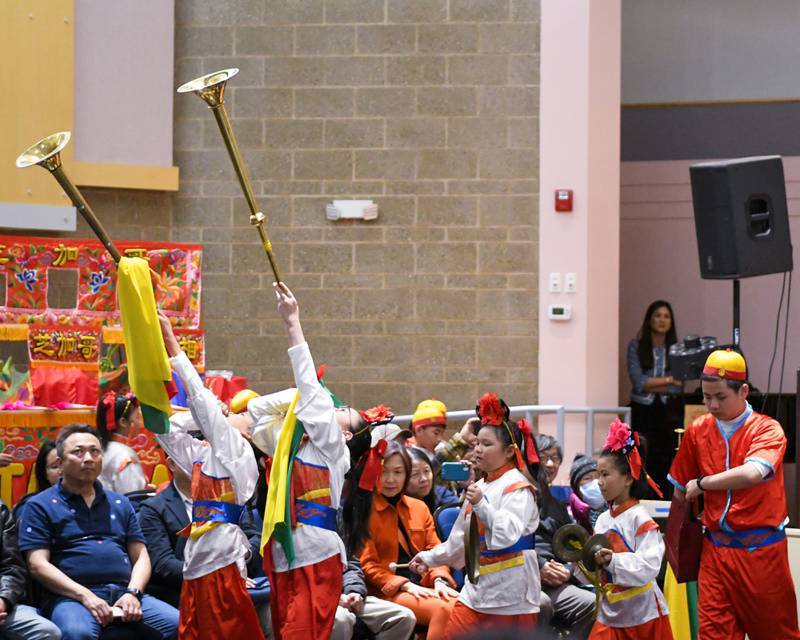 The Jhong Jheng Elementary School Suona and Drum Ensemble from Kinmen, Taiwan preform at the on Saturday April 19, 2025, at the Taiwanese American Chamber of Commerce building in Westmont.