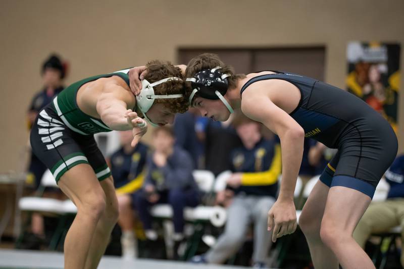 Coal City's Brody Widlowski, left, and Yorkville's Levi Wheeler wrestle in the 150-pound match during the IHSA Class 1A Coal City Dual Team Sectional on Thursday, Feb 5, 2026.