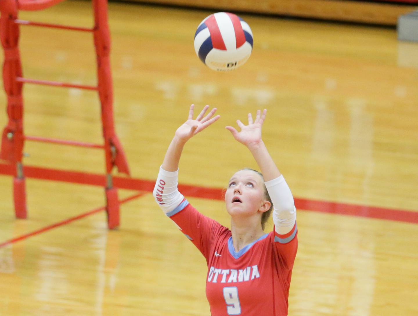 Ottawa's Skylar Dorsey sets the ball in play against La Salle-Peru on Thursday Sept. 22, at A.J. Sellett Gymnasium.
