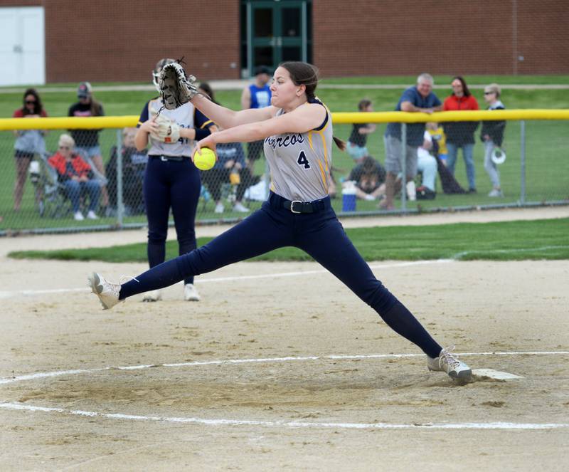 Polo's Cheyenna Wilkins pitches against Forreston during a Thursday, May 2, 2024 game at Forreston High School.