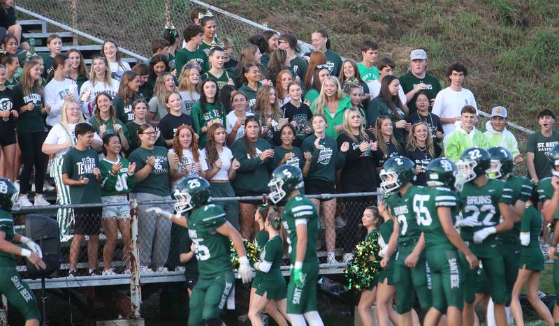 St. Bede fans cheer on the Bruins after scoring a touchdown against Bureau Valley on Friday Aug. 29, 2025 at St. Bede Academy.