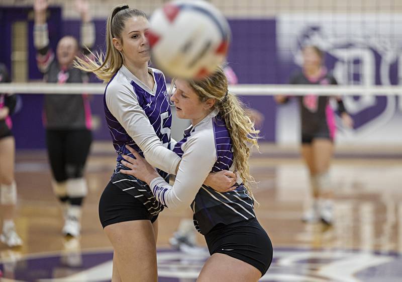 Dixon’s Morgan Hargrave (left) and Presley Lappin come together during a play against Rock Falls Thursday, Oct. 12, 2023 at Dixon High School.
