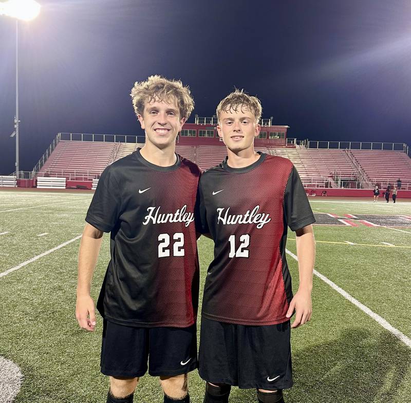 Huntley's Tyler Murray (left) and Aiden Felz (right) combined for three goals as the Red Raiders defeated Crystal Lake Central 3-2 in overtime on Tuesday.