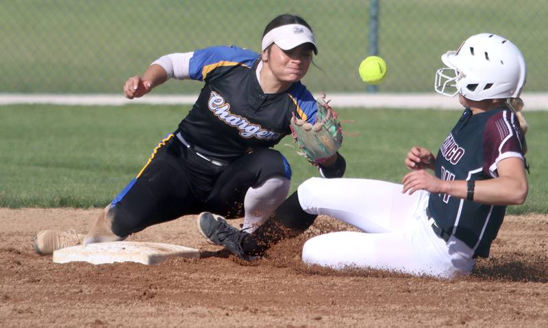 Marengo’s Kylee Jensen, right, arrives safely at second base as Aurora Central Catholic’s Sophia Delgado corrals the throw in IHSA Class 2A Regional Title Game action softball at Marengo High School in Marengo on Friday, May 23, 2025.