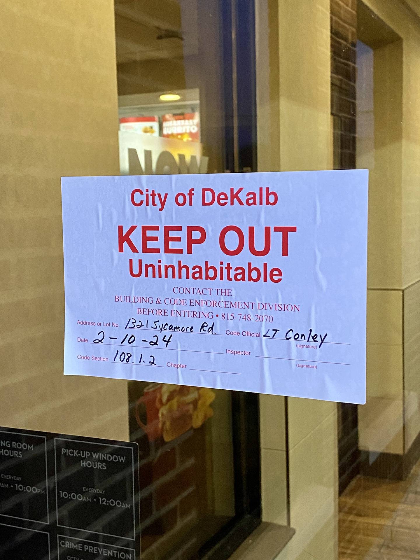 Wendy's fast food restaurant, 1321 Sycamore Road, on Sunday, Feb. 11, 2024, after a Saturday fire. The city of DeKalb ruled the building uninhabitable Saturday after the incident. Another sign on the building states its closed for maintenance until Monday, Feb. 12, 2024.