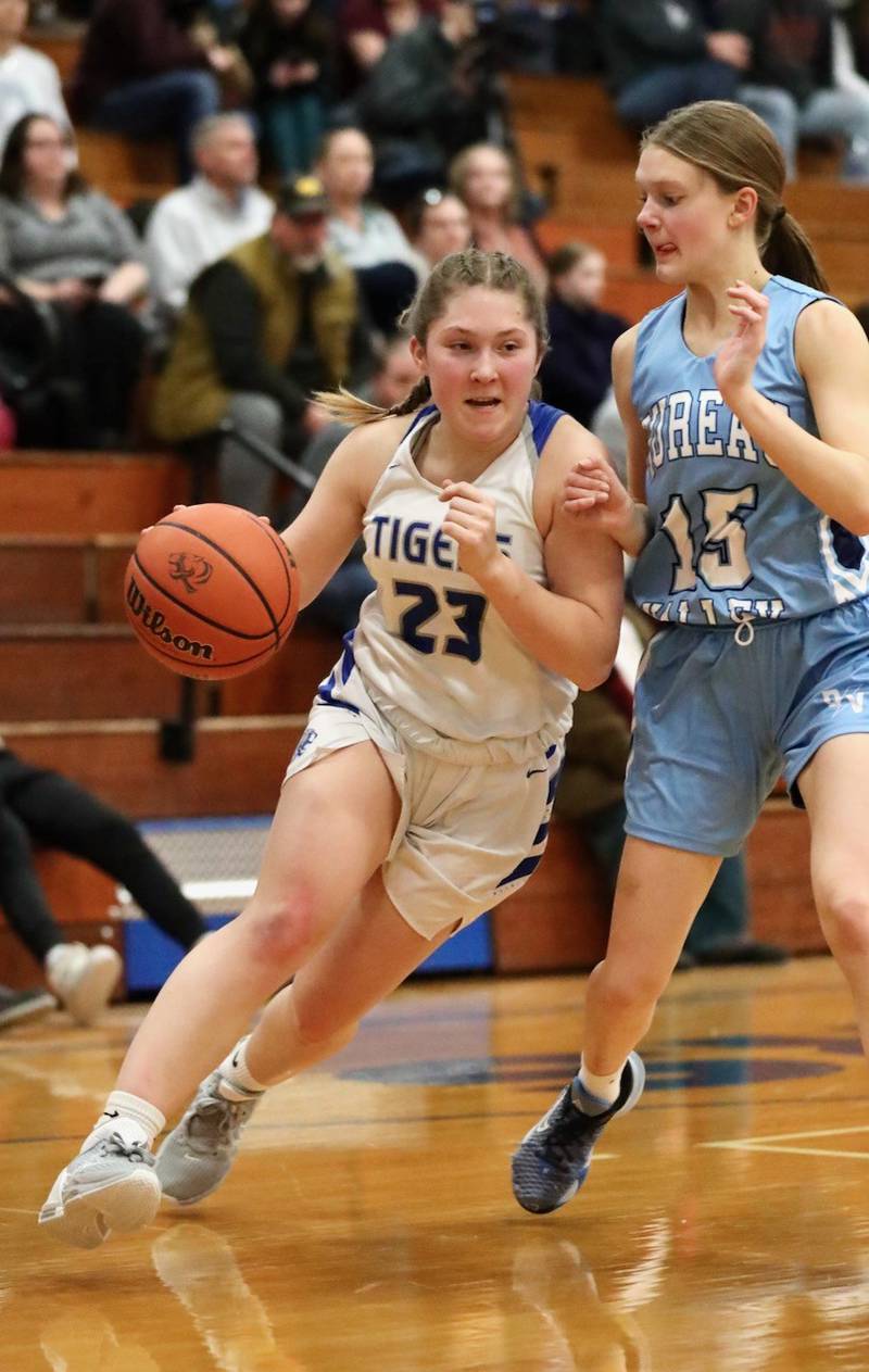 Princeton's  Miyah Fox drives on Bureau Valley's Taylor Neuhalfen Thursday night at Prouty Gym. The Tigresses won 48-34.