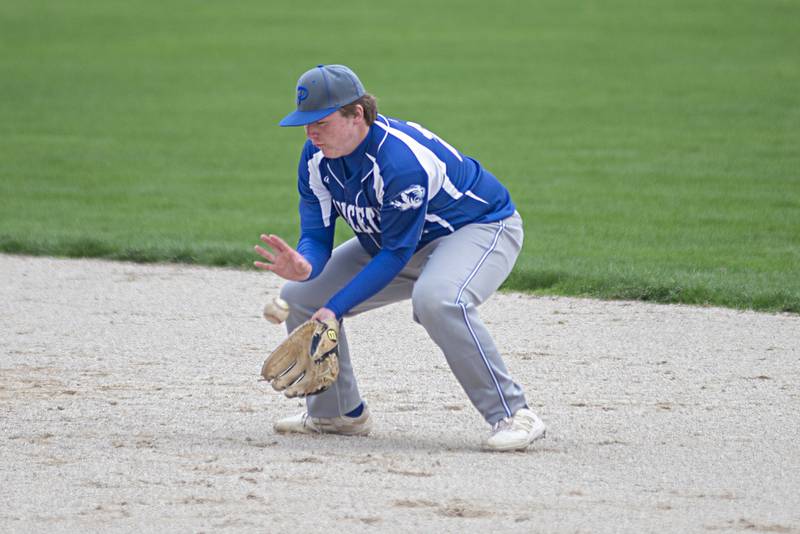Princeton’s Jordan Reinhardt fields a ball at second base Monday, May 2, 2022 against Newman.