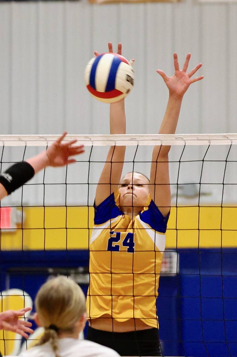 Princeton Logan's Allison Cihocki makes a block in Monday's Class 3A 8th grade sectional finals at Pannebaker Gym. The Lions fell in three sets to Morris Saratoga.