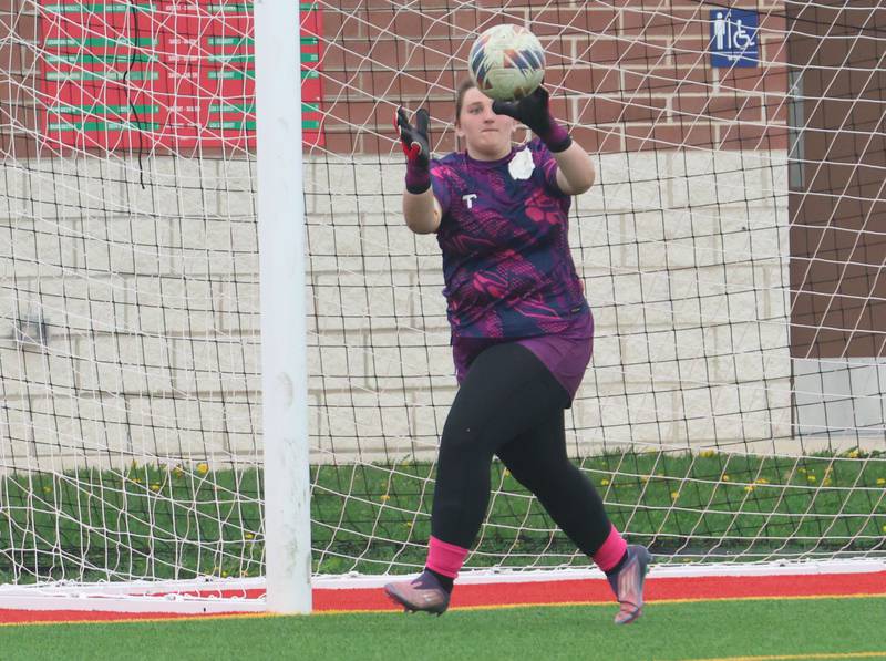L-P keeper Lily Higgins stops the ball near the goal post against Rochelle on Wednesday, April 15, 2026 at the L-P Athletic Complex in La Salle.