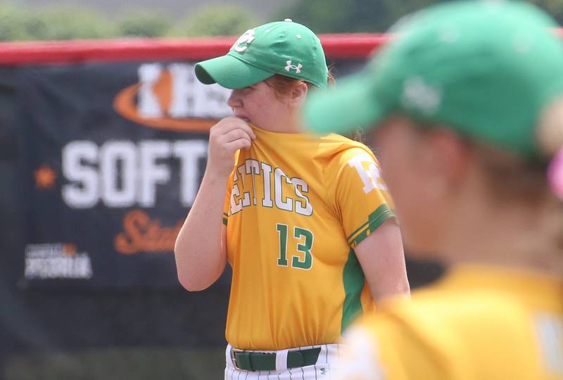 Providence Catholic's Aleigh Hill reacts after Chatham scored the go ahead run during the Class 3A State finals game on Saturday, June 14, 2025 at the Louisville Slugger Sports Complex in Peoria.