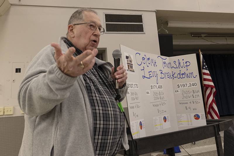 Coloma Township tax assessor Dave Hand talks about the tax increase Wednesday, Dec. 10, 2025, at an informational meeting in Rock Falls.