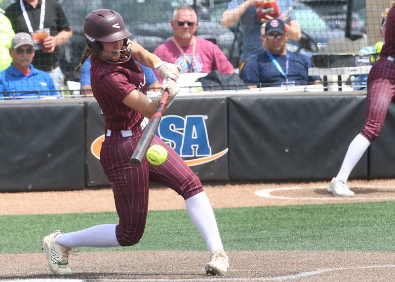 Lockport's Julia Henderson smacks a hit against Oak Park River Forest during the Class 4A third-place game on Saturday, June 14, 2025 at the Louisville Slugger Sports Complex in Peoria.