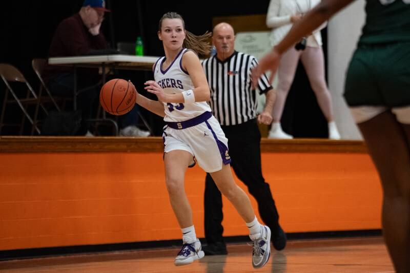 Serena's Jenna Setchell runs the ball up the court during the 1A Sectional game on Tuesday Feb. 20, 2024 at Gardner-South Wilmington High School in Gardner