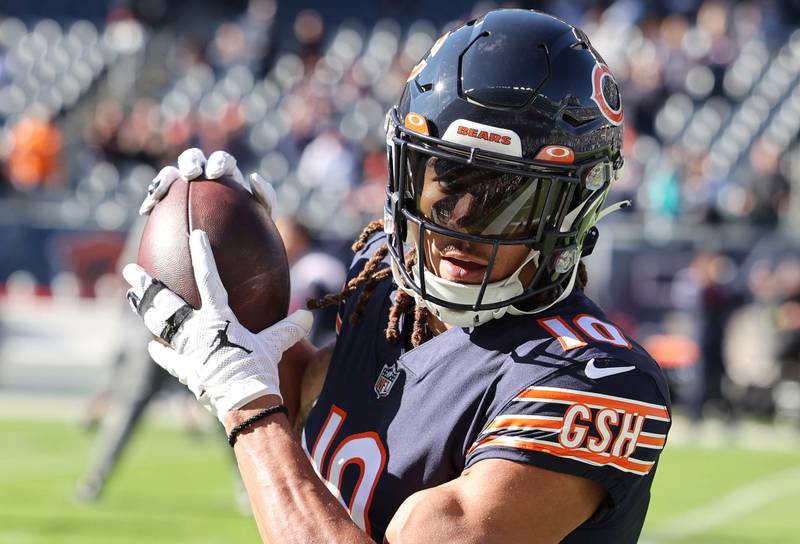 Chicago Bears wide receiver Chase Claypool makes a catch during pregame warmups before their game against Miami Sunday, Nov. 6, 2022, at Soldier Field in Chicago.