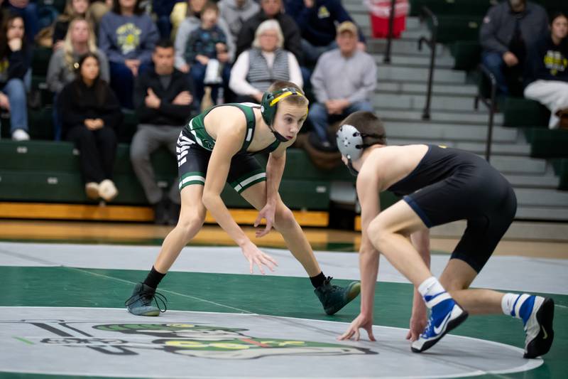 Coal City's Jake Munsterman, left, and Yorkville's Davin Torza wrestle in the 106-pound match during the IHSA Class 1A Coal City Dual Team Sectional on Thursday, Feb. 5, 2026.