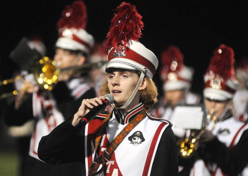 Ottawa's Cameron Dumke sings the national anthem at King Field on Friday, Sept. 20, 2024.