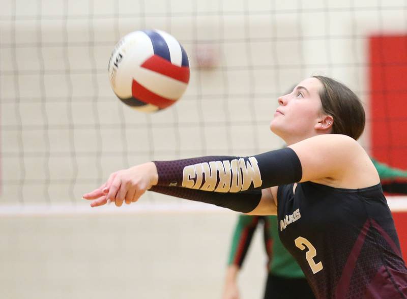 Morris's Alexis williams sends the ball over to the L-P side of the net on Thursday, Oct. 10, 2024 in A.J. Sellett Gymnasium at L-P High School.