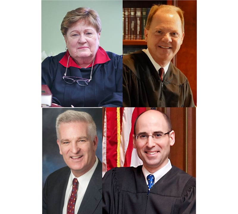 The Republican candidates for the Illinois Supreme Court District 2 vacancy include, clockwise starting in the top left corner, Appellate Court Judge Susan F. Hutchinson, Kane County Circuit Court Trial Judge John A. Noverini, Lake County Circuit Court Judge Daniel B. Shanes, and former Lake County Sheriff and congressional candidate Mark Curran.