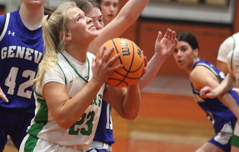 Crystal Lake South’s Laken LePage works under the hoop against Geneva in girls IHSA Class 3A Sectional Championship basketball on Thursday, Feb. 26, 2026, at Crystal Lake Central High School in Crystal Lake.