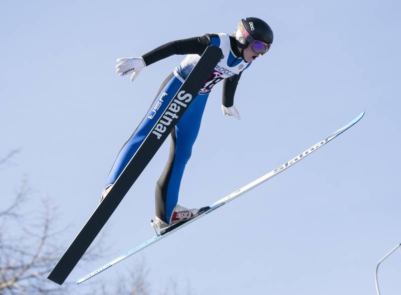 Miles Warnke with the Steamboat Springs Winter Sports Club of Colorado, competes during the Norge Annual Winter Ski Jump Tournament on Sunday, January 26, 2025 at the Norge Ski Jump in Fox River Grove.
