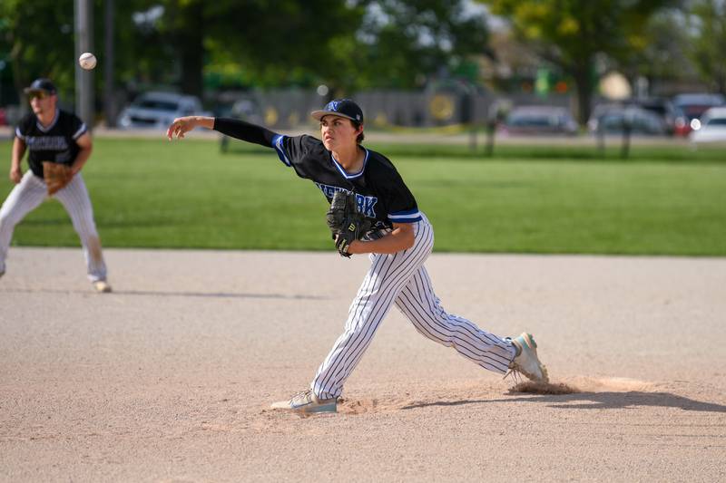 Newark's Eastin McBroom (24) pitches during the game on Tuesday May 13, 2025, while traveling to take on Somonauk High School.