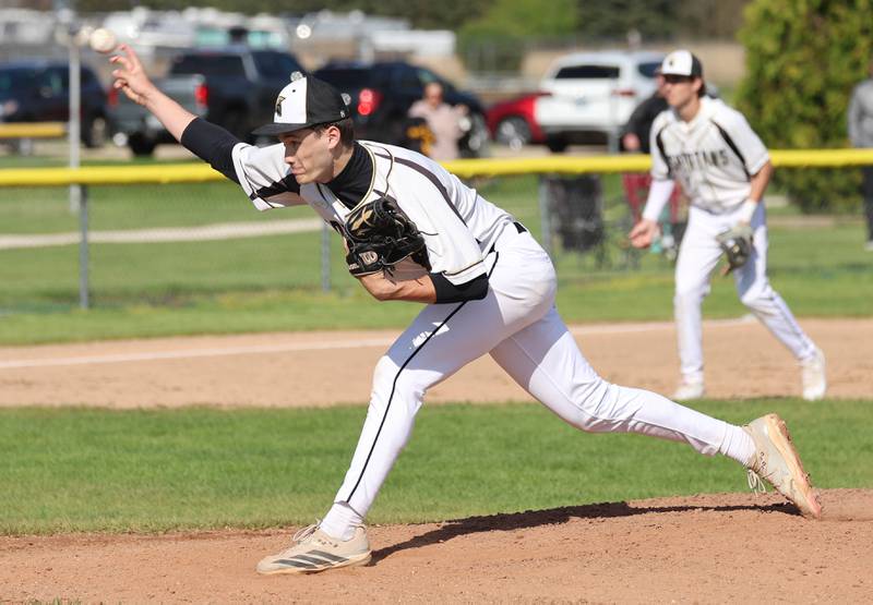 Sycamore's Jackson MacDonald delivers a pitch Tuesday, April 28, 2026, during their game against Kaneland at the Sycamore Community Sports Complex.