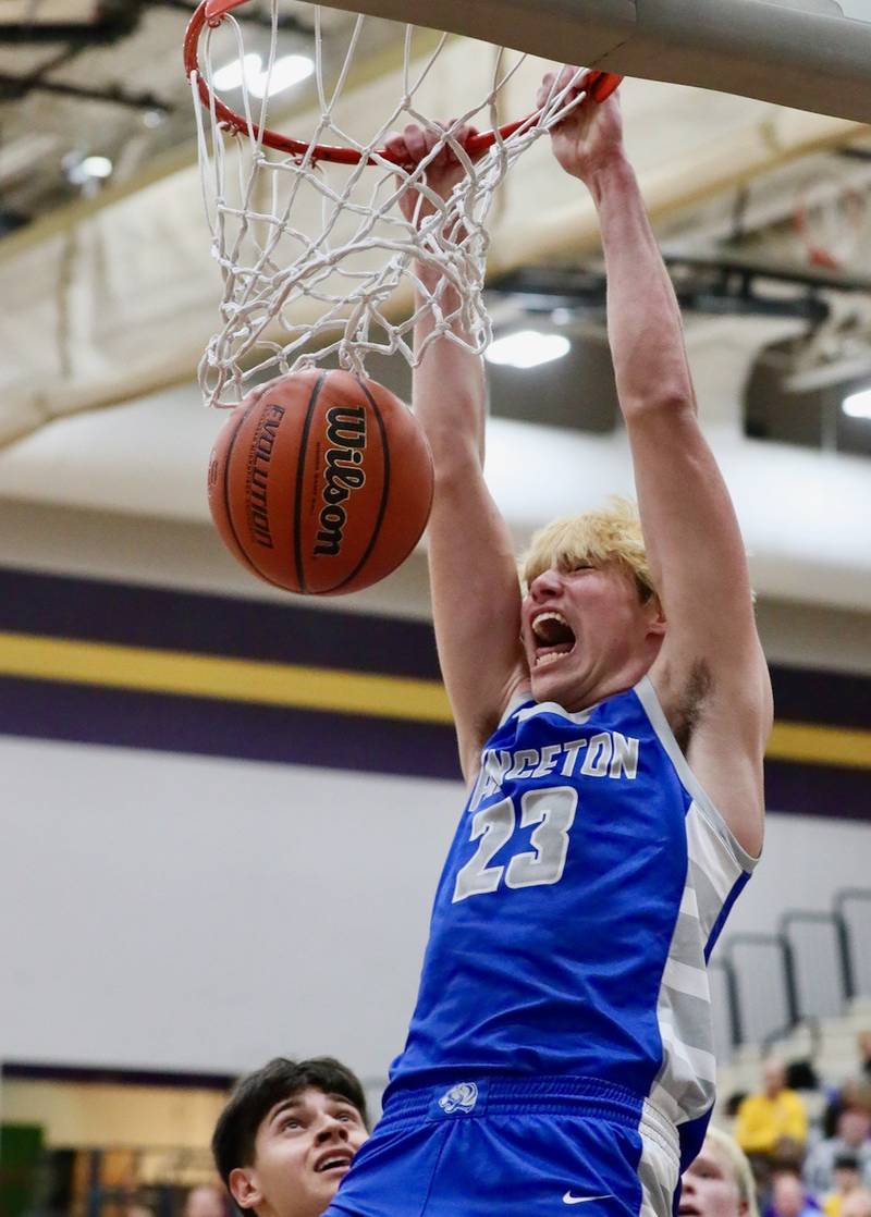 Princeton's Noah LaPorte throws down a dunk at Mendota Friday night. He scored 20 points to lead the Tigers to a 60-47 win.