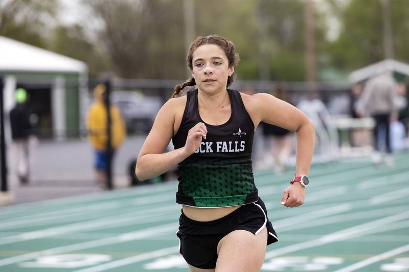 Rock Falls’ Ariel Hernandez competes in the 3200 run Friday, April 25, 2025, during the Rock Falls Rocket Invite.