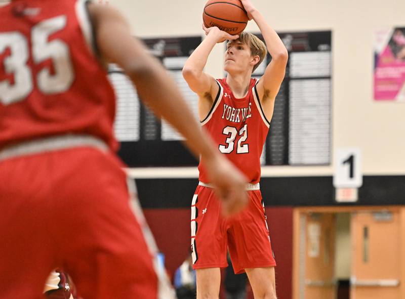 Yorkville's Jason Jakstys pulls up for a jump shot againt Plainfield North on Friday, Jan. 27, 2023, at Plainfield.