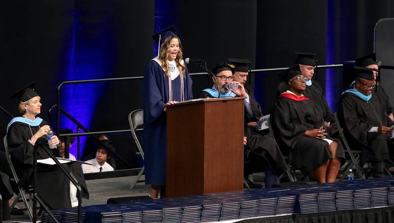 Senior Class President Whitney Bierman makes opening remarks at the Oswego East High School Class of 2024 Commencement Ceremony on Saturday, May 18, 2024 in DeKalb.